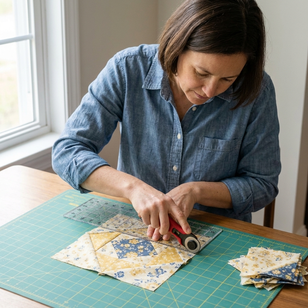 A quilter trimming an economy quilt block with a clear square ruler and rotary cutter on a green cutting mat