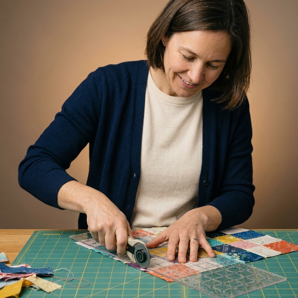 A quilter trimming the edge of a small quilt with a rotary cutter and clear acrylic ruler on a cutting mat, showing a neat squared corner