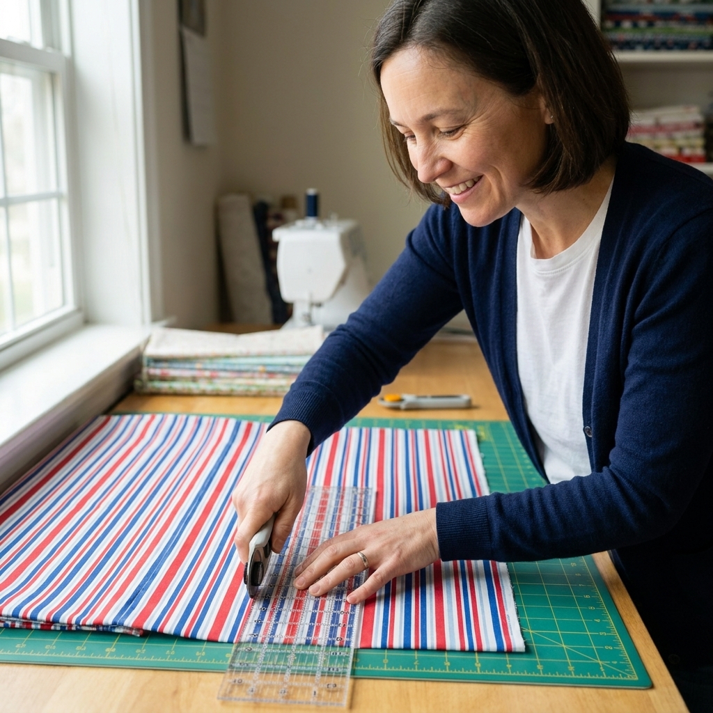 A quilter uses a rotary cutter and clear ruler to cut a striped cotton fabric on a green cutting mat, with the stripes running straight along the ruler edge