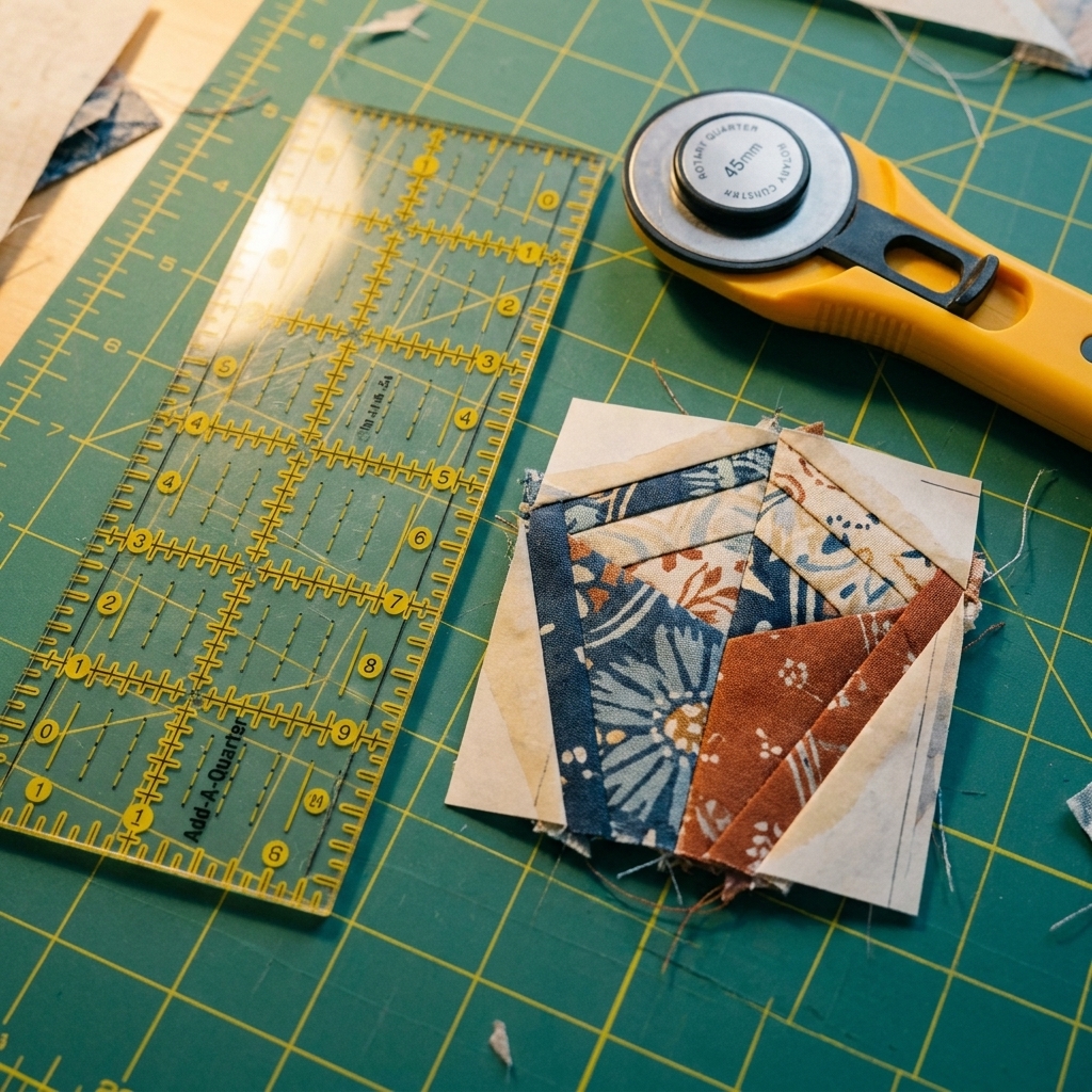 A quilter's add-a-quarter ruler resting beside a rotary cutter and trimmed foundation paper piecing unit on a cutting mat