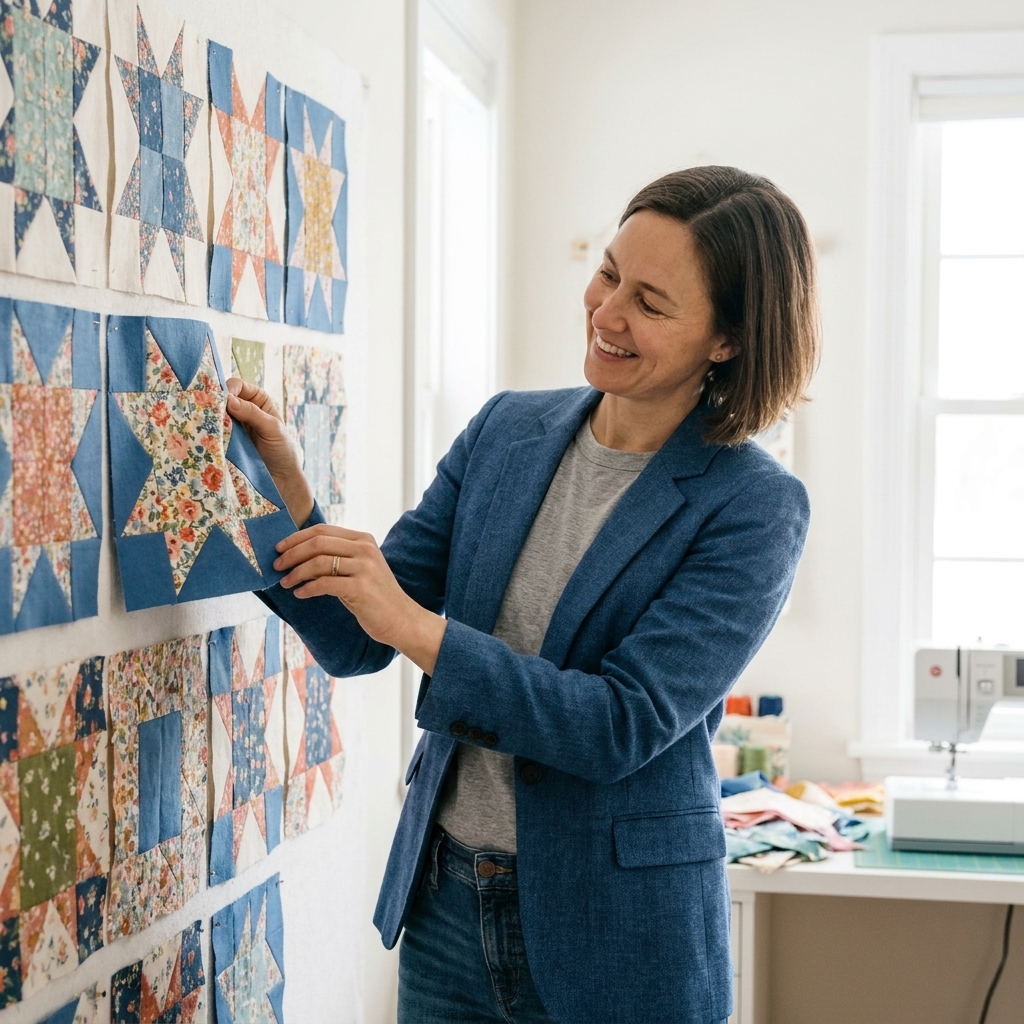 A quilting design wall with blocks arranged in rows, showing a mix of prints and solid backgrounds being auditioned for balance and color placement