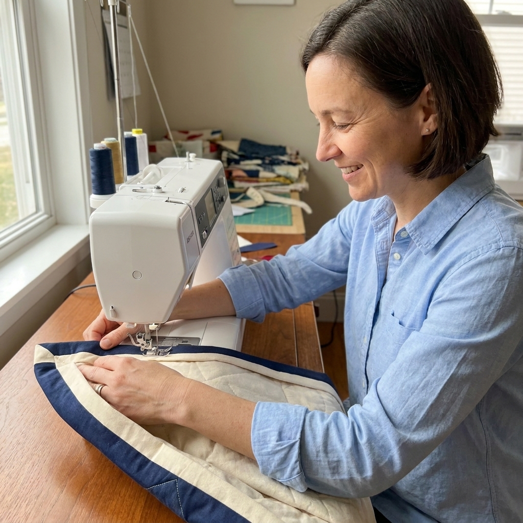 A quilting machine stitching a two-tone binding onto the back edge of a quilt with a walking foot, showing the binding aligned to the quilt edge