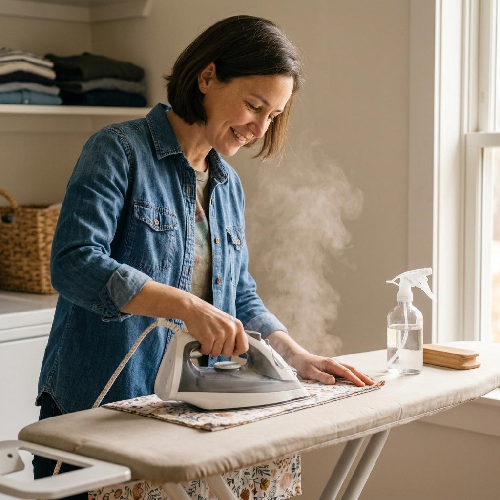 A real-life photo of an ironing board with a cotton fabric piece being pressed, a spray bottle nearby, and a wooden clapper resting at the top of the board