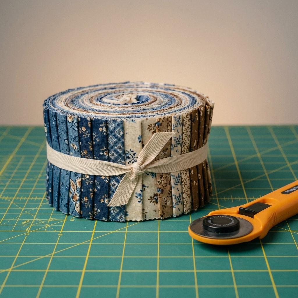 A rolled bundle of 2.5 inch quilting cotton strips tied with a ribbon, resting next to a rotary cutter on a cutting mat