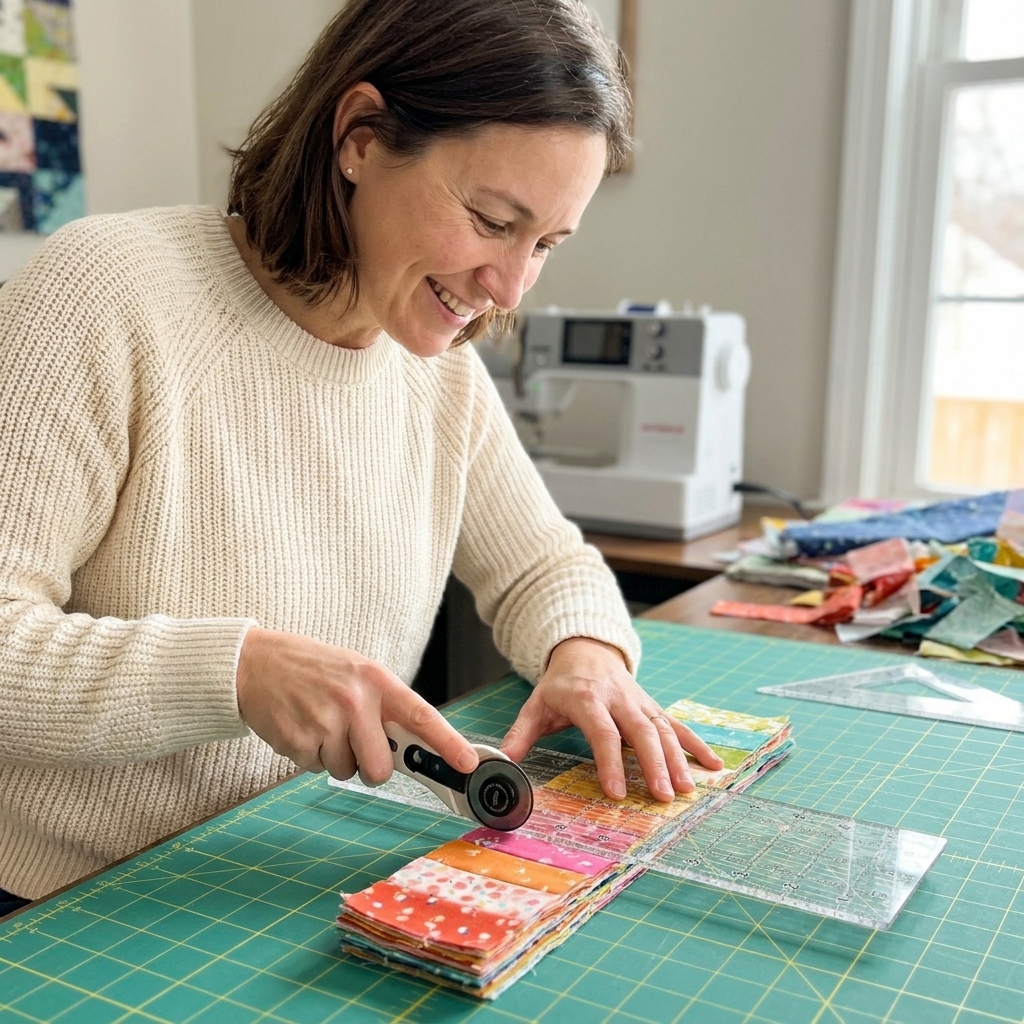 A rotary cutter, acrylic quilting ruler, and a stack of colorful 2.5-inch fabric strips on a self-healing cutting mat