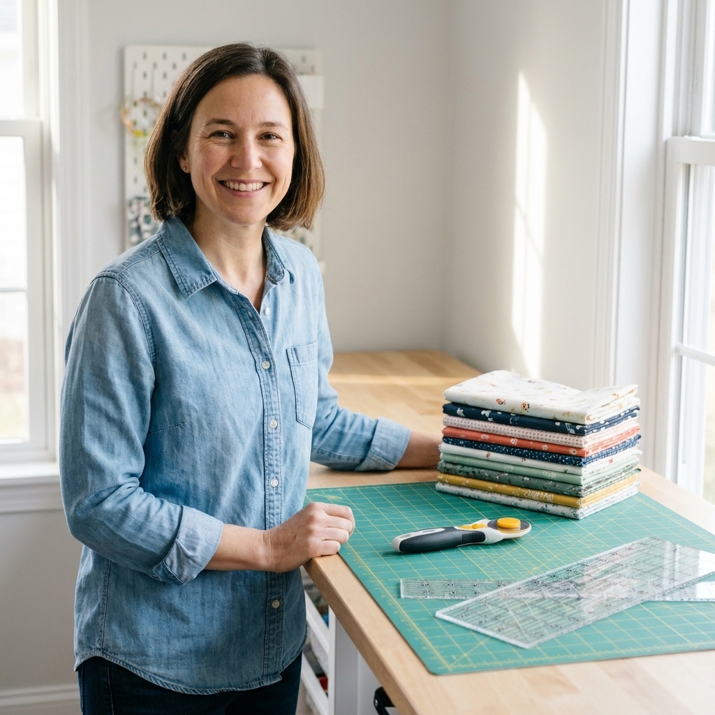 A rotary cutter, clear quilting rulers, and a cutting mat set up on a tidy sewing table beside stacked fabric