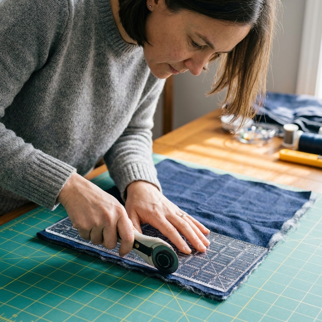 A rotary cutter trims navy flannel on a gridded cutting mat while an acrylic ruler is held firmly in place; a soft halo of fabric fuzz is visible along the cut edge