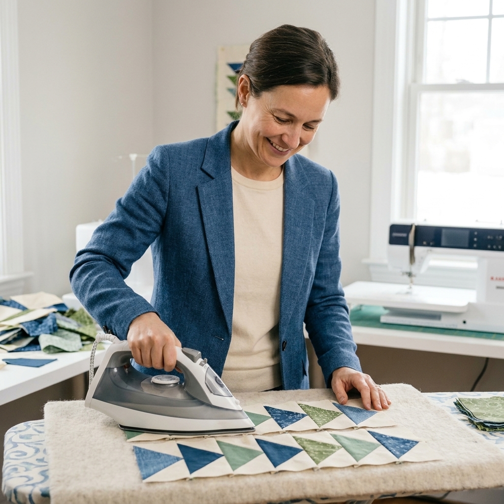 A set of freshly sewn flying geese units in coordinating fabrics arranged on a pressing surface next to an iron