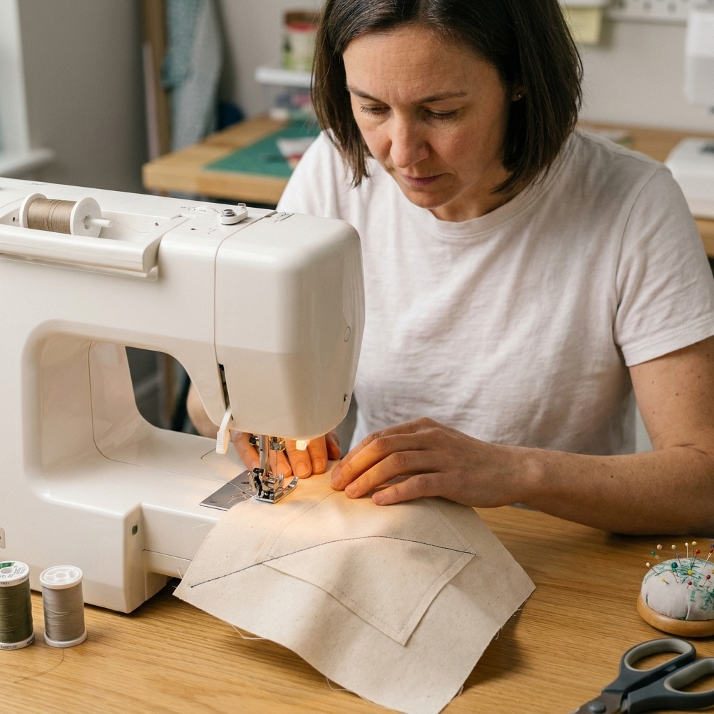 A sewing machine bed with a marked fabric square being stitched along a diagonal line, showing the stitch-and-flip corner method in progress