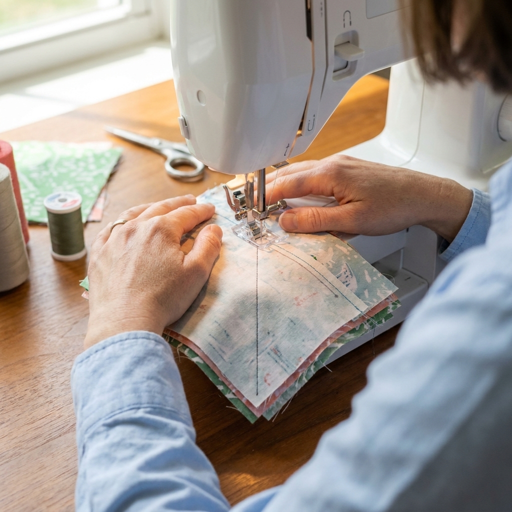 A sewing machine foot stitching 1/4 inch away from a drawn diagonal line on stacked fabric squares