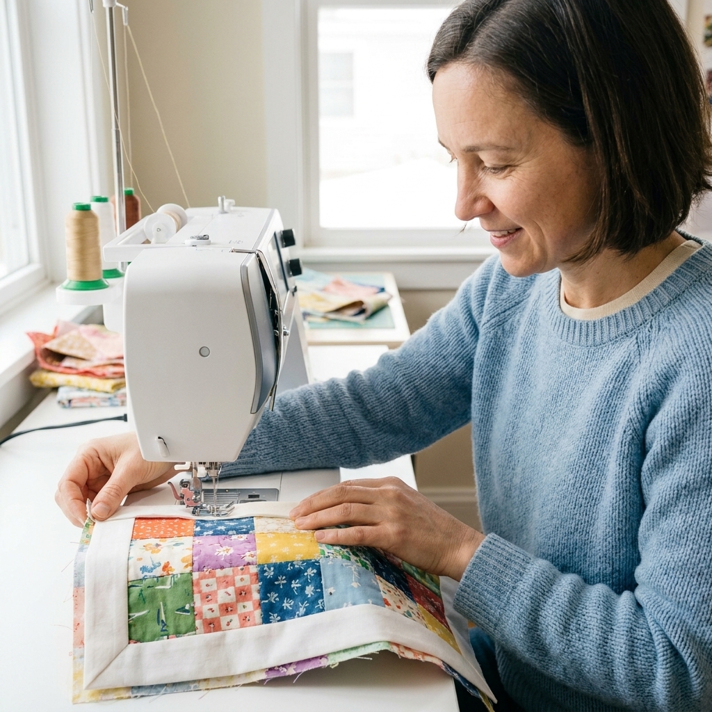 A sewing machine stitching a folded facing strip to the edge of a small quilt, with the quilt right side up and the strip aligned along the raw edge