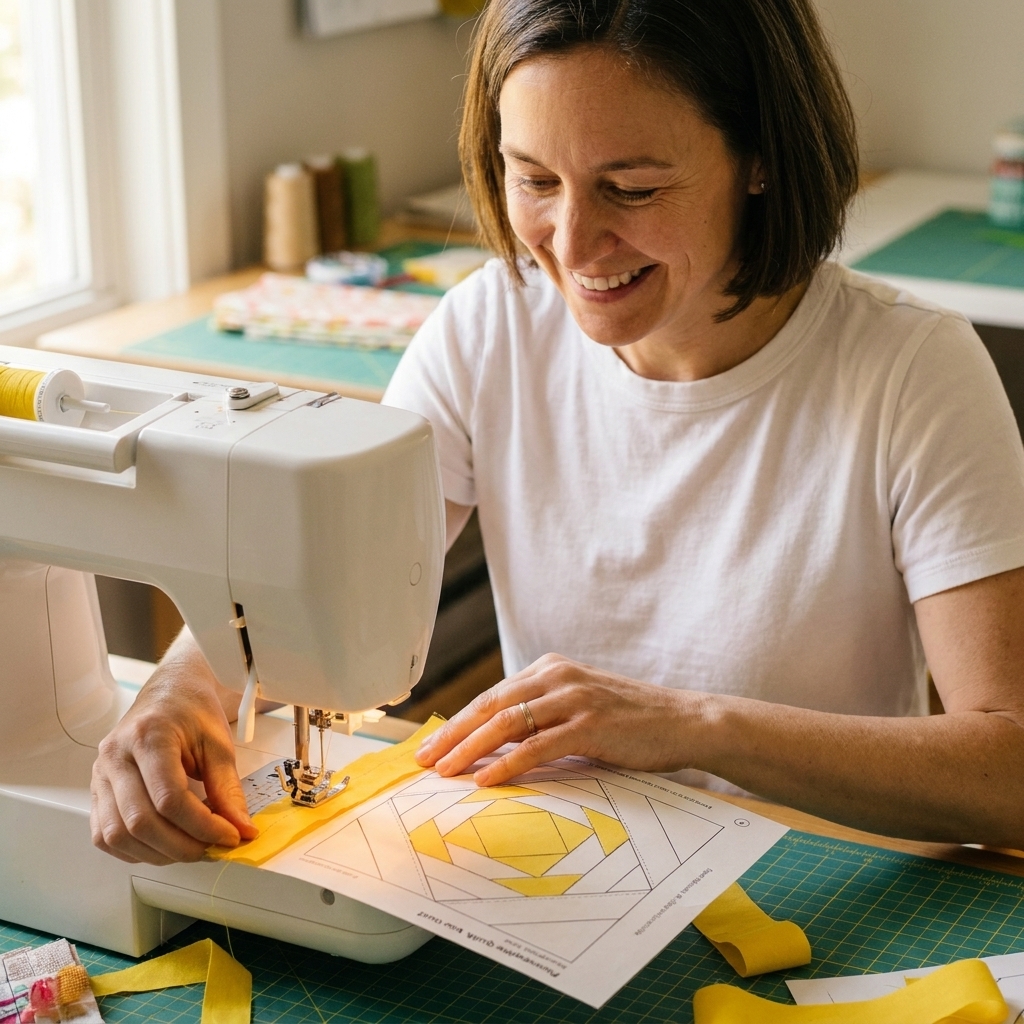 A sewing machine stitching along a printed line on foundation paper with a bright strip of fabric being added to a pineapple quilt block unit