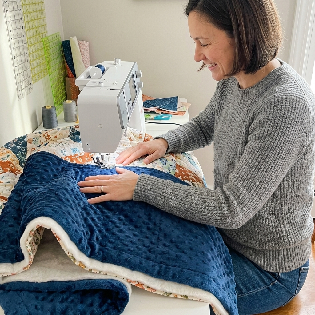 A sewing machine with a walking foot quilting a layered quilt sandwich, showing plush minky backing feeding smoothly under the presser foot
