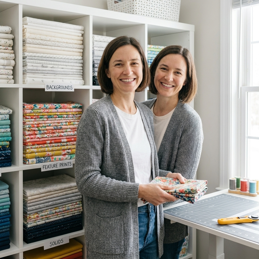 A sewing room storage unit with cube shelves holding folded quilting cotton yardage grouped into sections such as backgrounds and feature prints