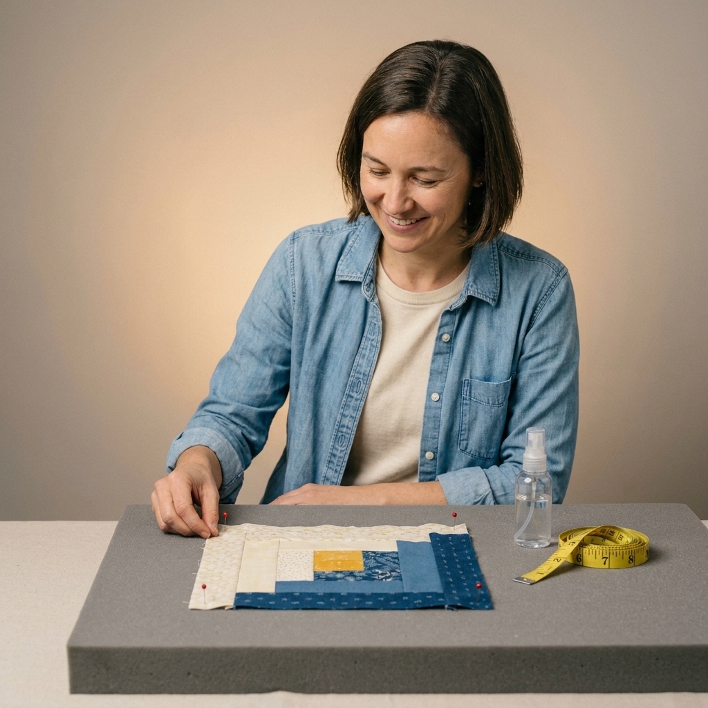 A single quilt block pinned at the corners on a foam mat, with a small spray bottle and a tape measure nearby