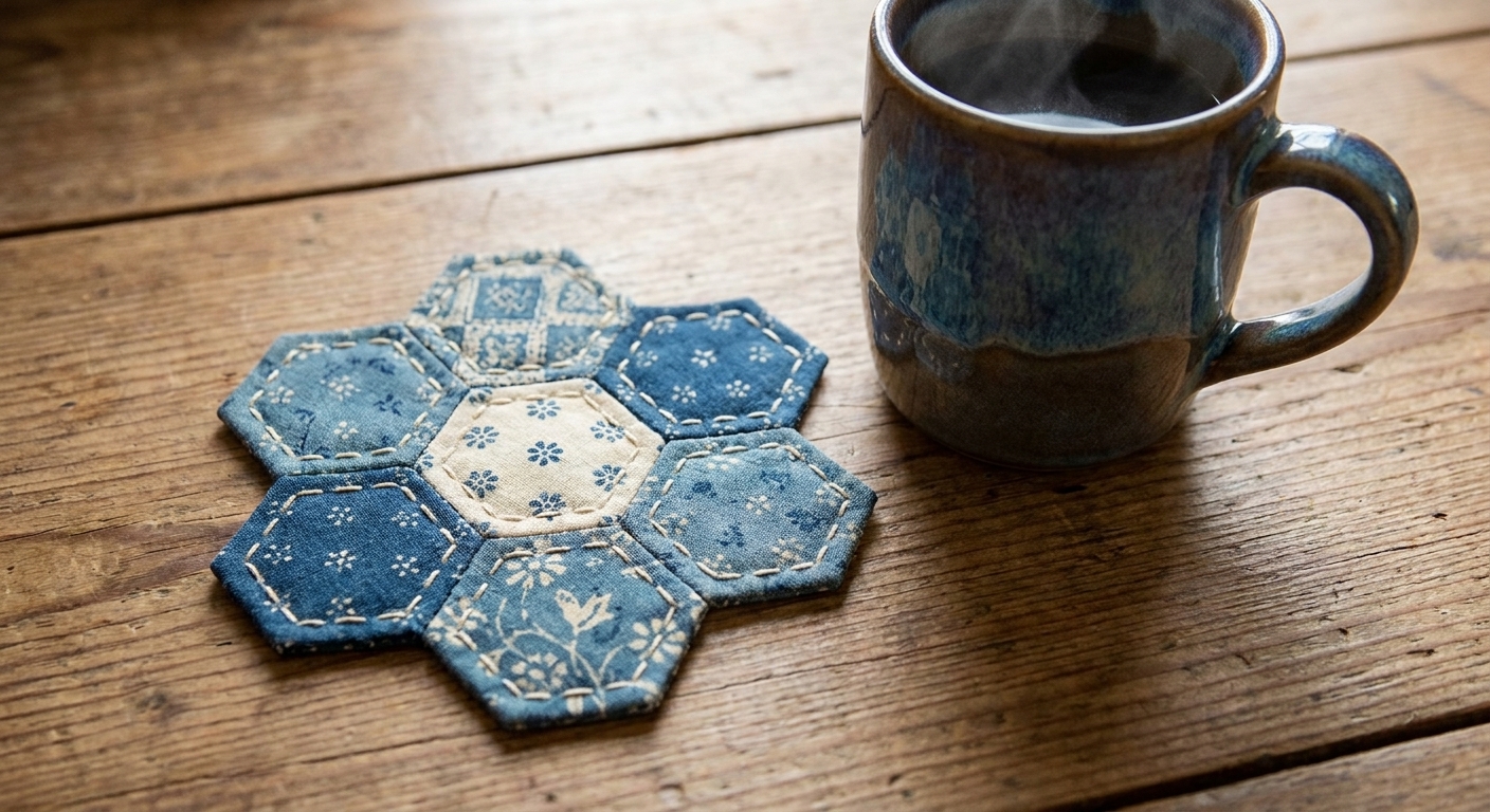 A small finished hexagon flower coaster on a wooden table with a mug nearby, showing neat hand-stitched seams