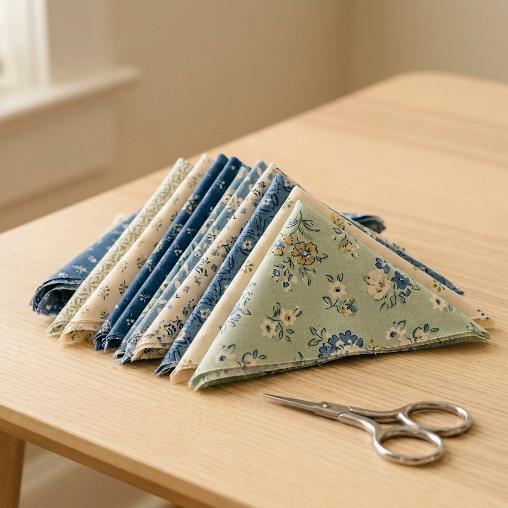 A small pile of neatly folded prairie points made from quilting cotton, each triangle pressed sharply with raw edges aligned