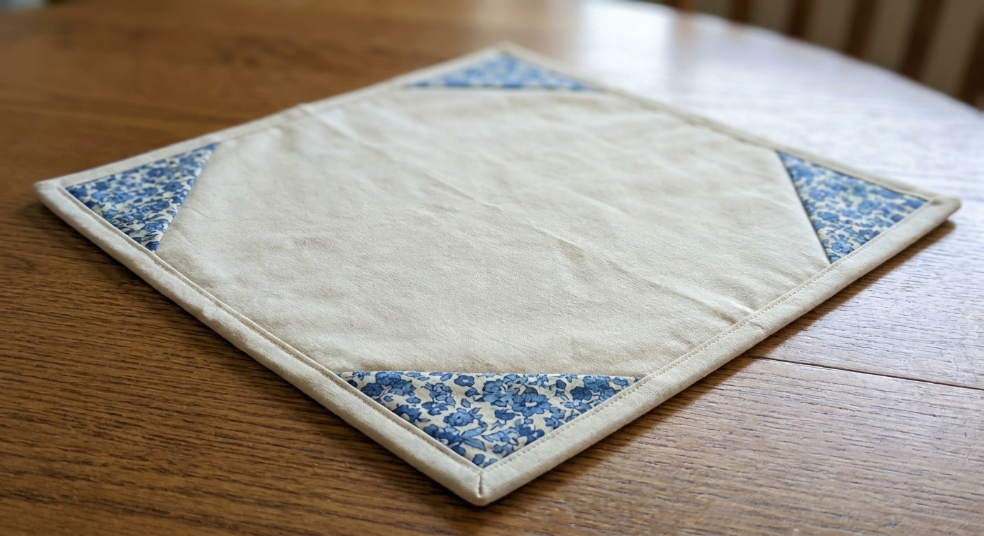 A small quilt turned face down with triangular corner facings pressed neatly on the back, showing minimal fabric coverage away from the edges