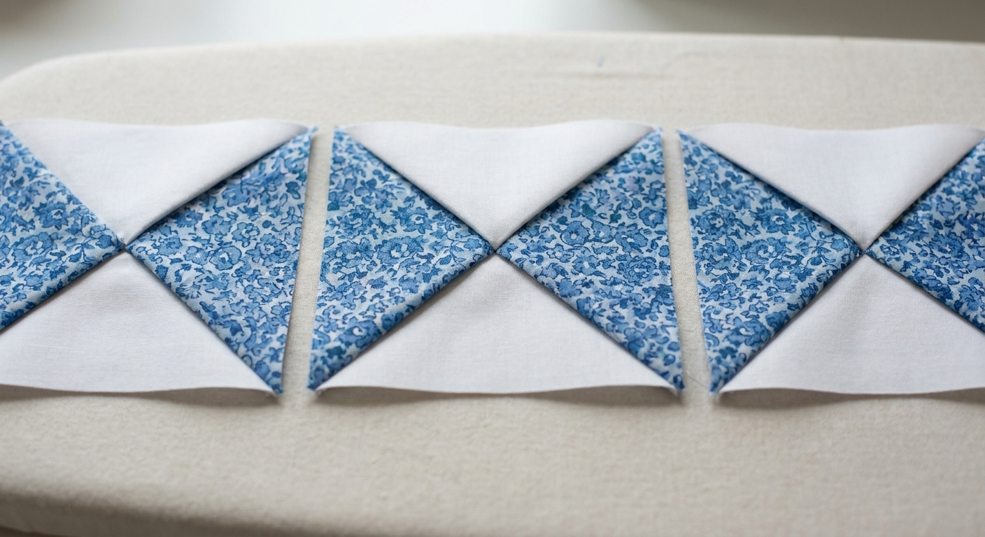 A small set of quarter square triangle units after pressing, showing four triangles meeting at a crisp center point