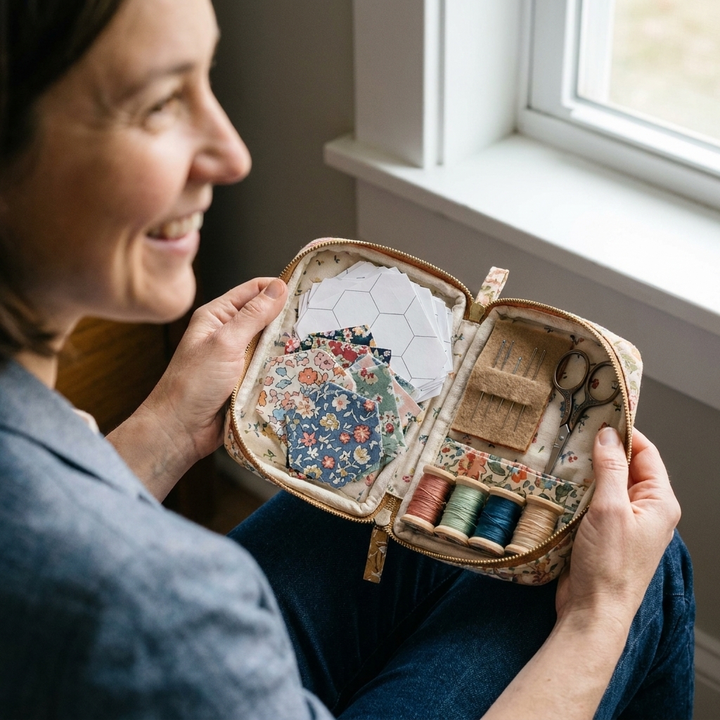 A small sewing pouch opened to show paper hexagons, fabric scraps, a needlebook, thread spools, and mini scissors neatly arranged