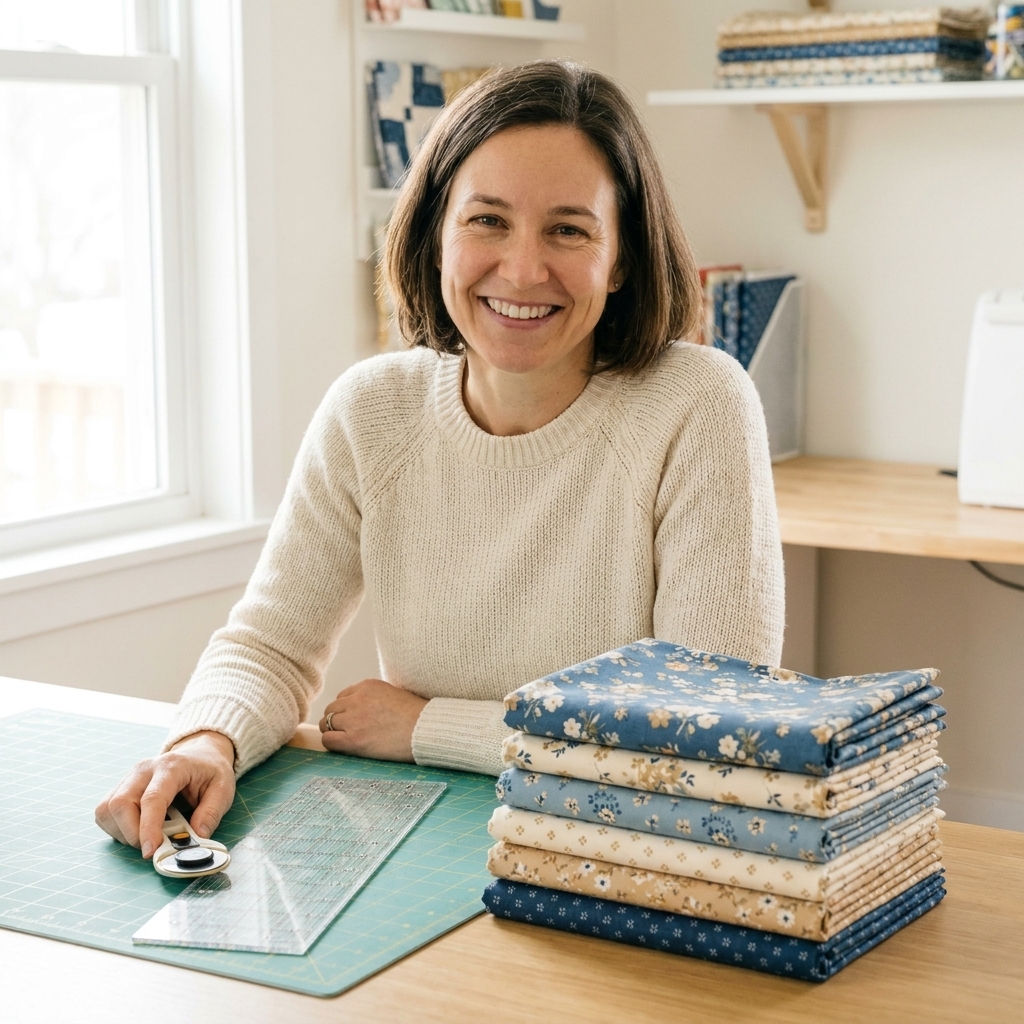 A small stack of quilting cotton fabrics in coordinating colors beside a rotary cutter, acrylic ruler, and self-healing cutting mat
