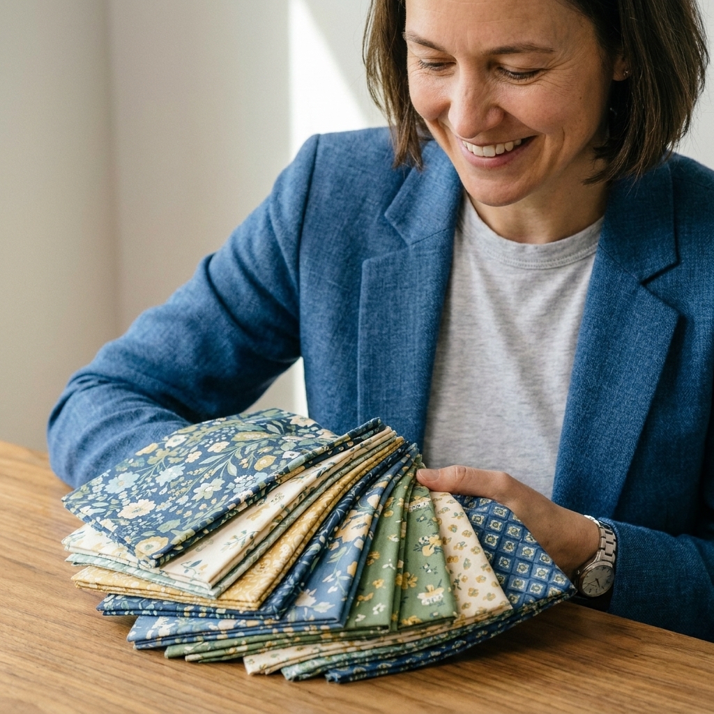 A stack of 10 inch quilting fabric squares in a coordinated collection, slightly fanned out on a wooden table