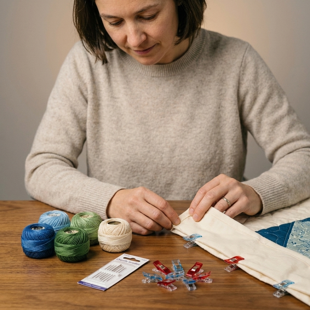 A tabletop photograph of quilting supplies including perle cotton spools, chenille needles, wonder clips, and a quilt edge ready for hand binding