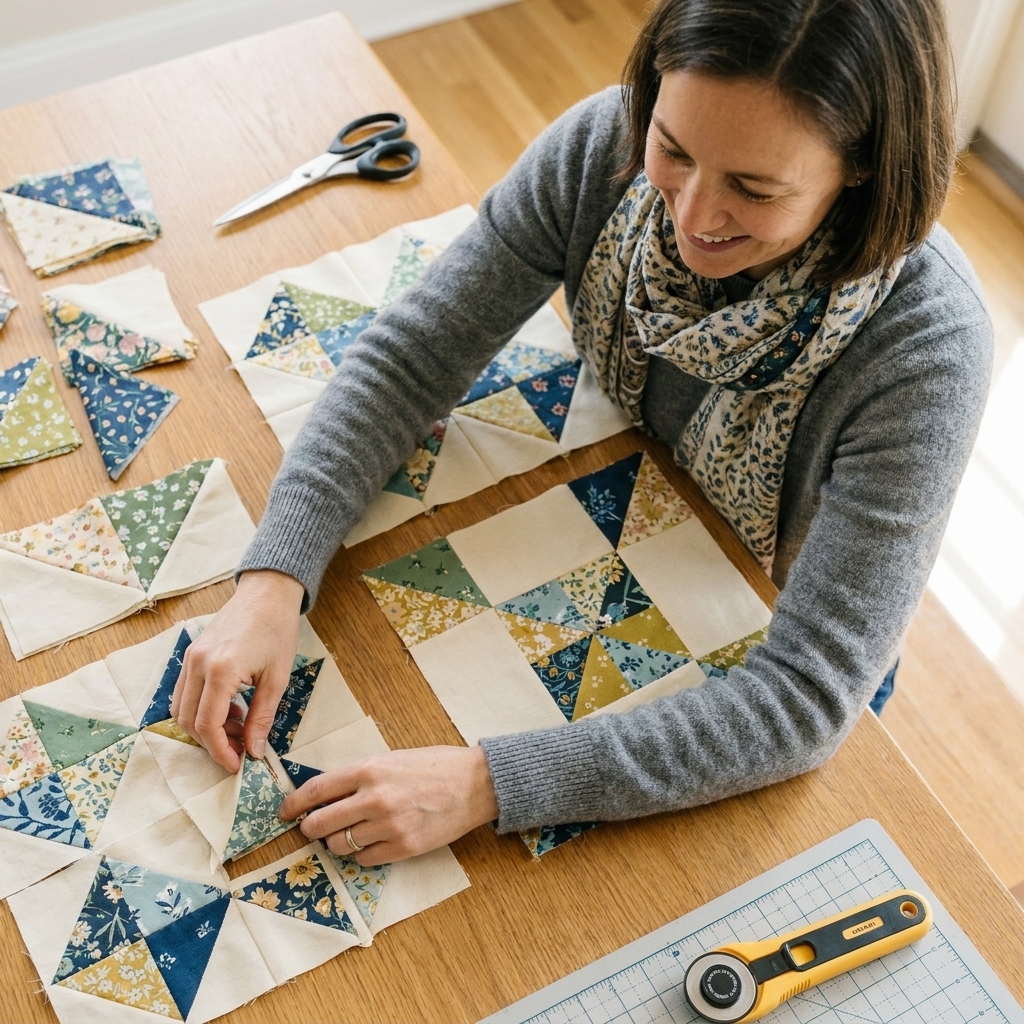 A tabletop view of trimmed half square triangle units in mixed prints and a creamy background, arranged into several different block layouts
