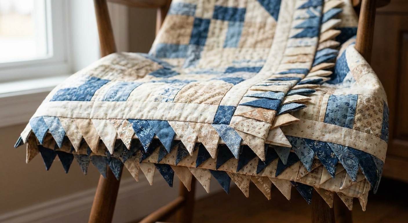 A throw quilt with a scrappy prairie point edge in coordinated colors, showing varied fabrics forming a lively sawtooth border