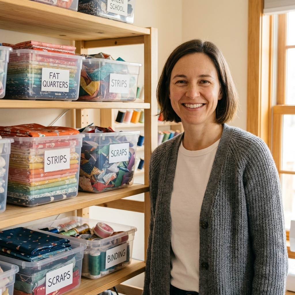 A tidy sewing room shelf with clear labeled bins holding quilting fabric categories such as fat quarters, strips, and scraps