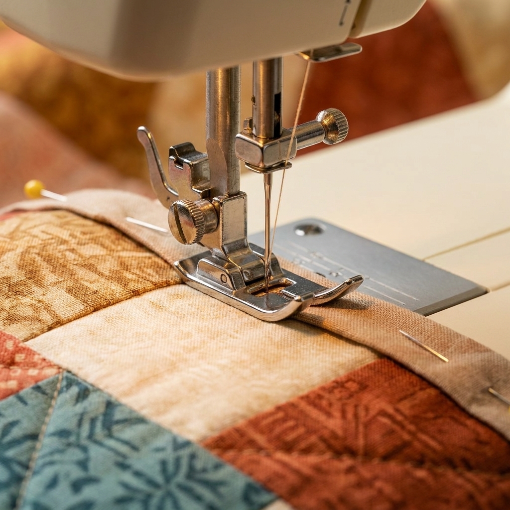A walking foot attached to a sewing machine, positioned above a quilt edge with binding ready to be stitched
