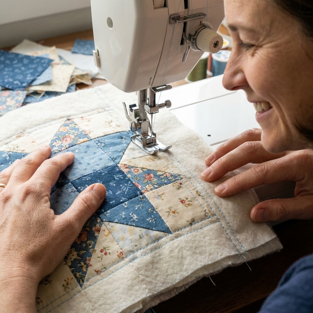 A walking foot quilting straight lines across a cotton quilt block with batting, showing even stitches