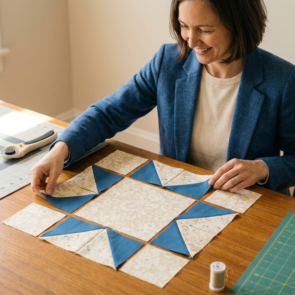 All pieces of a sawtooth star block arranged on a flat surface: a large center square, four small corner squares, and four flying geese units oriented toward the center