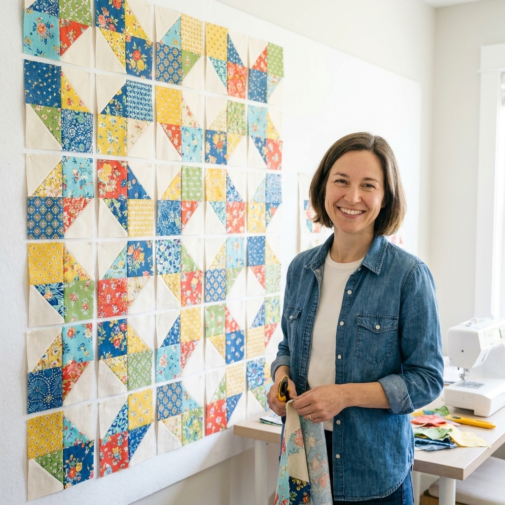 Bento box quilt blocks in bright prints and a consistent neutral, laid out on a design wall in a balanced grid