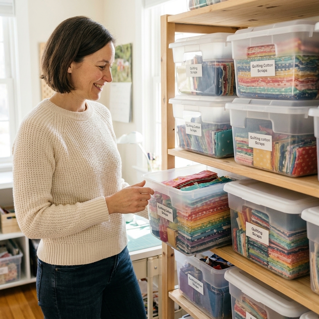 Clear plastic bins on a shelf filled with quilting cotton scraps sorted by size, including stacks of strips and small squares