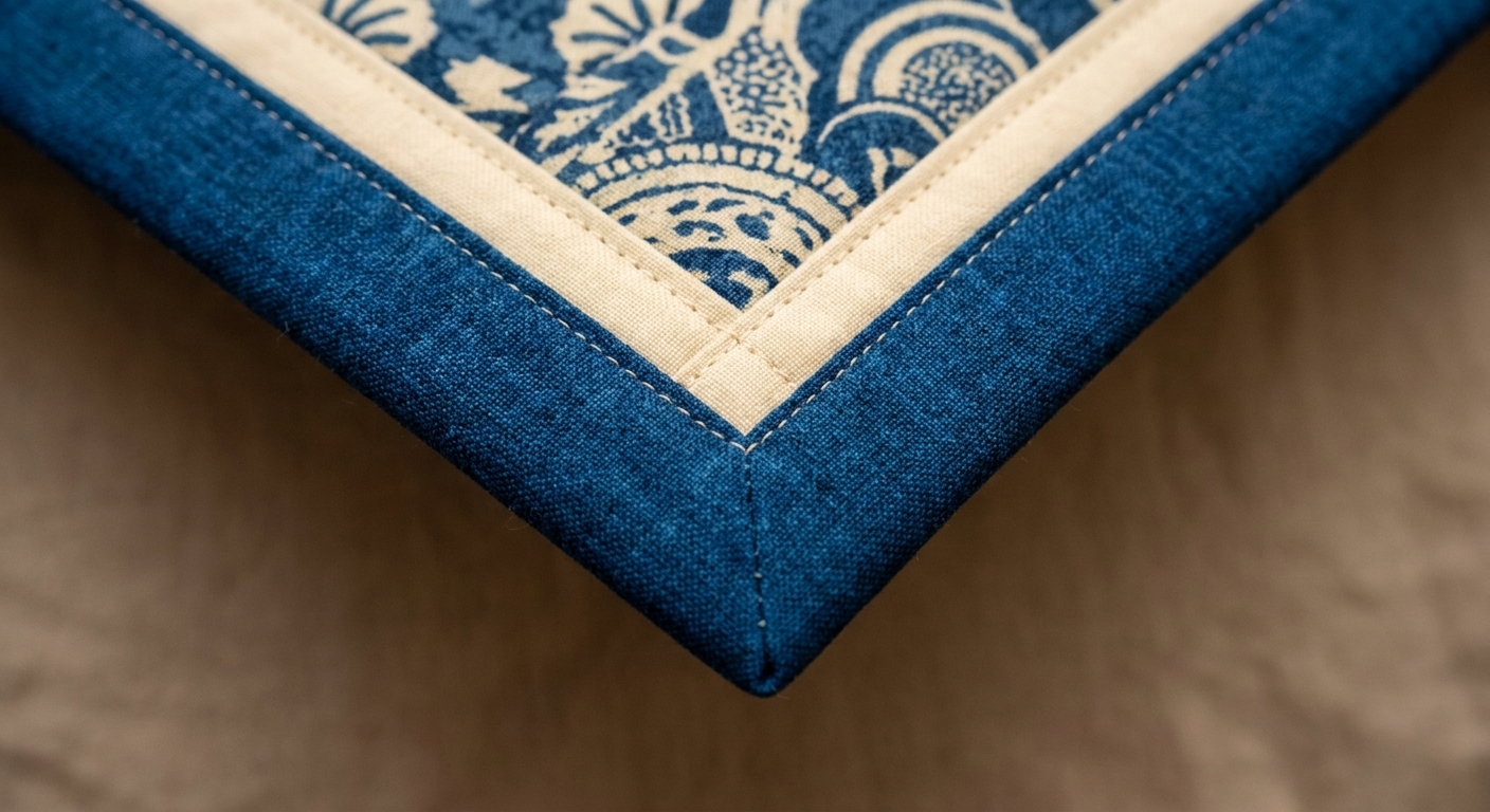 Close-up of a finished quilt edge showing a narrow contrasting flange between the quilt top and the outer binding, with neat stitching and a crisp corner