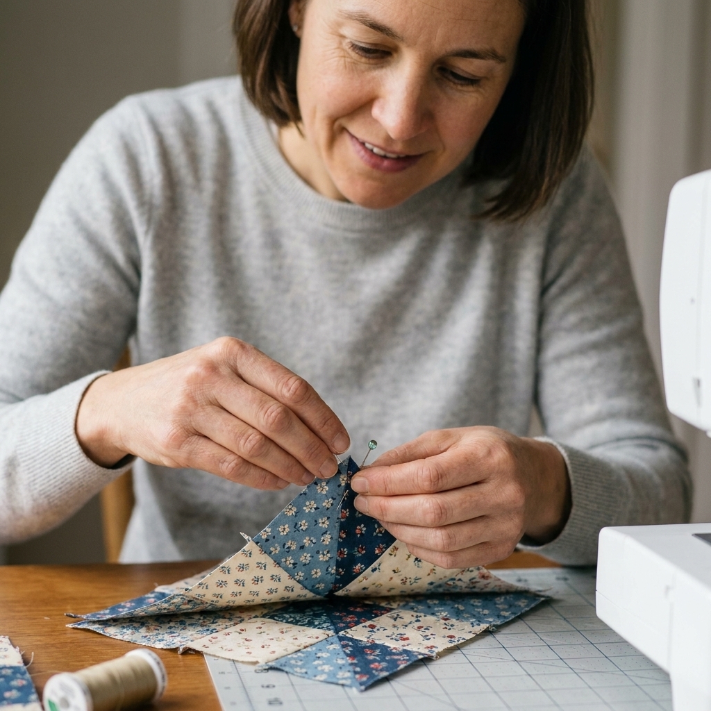 Close-up of a quilter pinning two patchwork units together, aligning a sharp point so it will land cleanly at the seam intersection