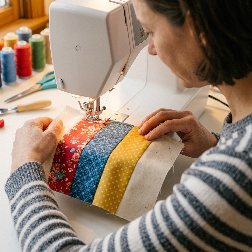 Close-up of a rail fence quilt block being stitched at a sewing machine, with colorful print strips and a neutral strip aligned under the presser foot
