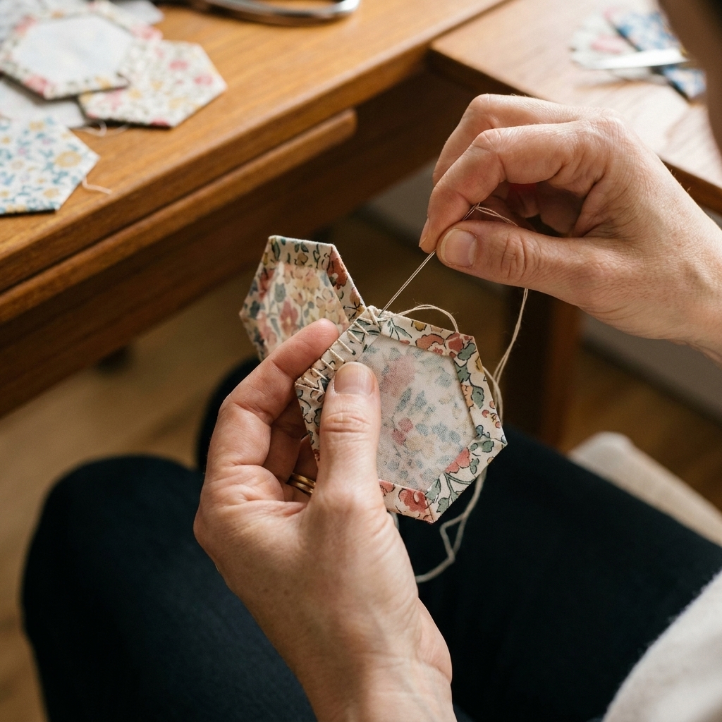 Close-up of two fabric-covered paper hexagons held together while a needle makes small hand stitches along the folded edge