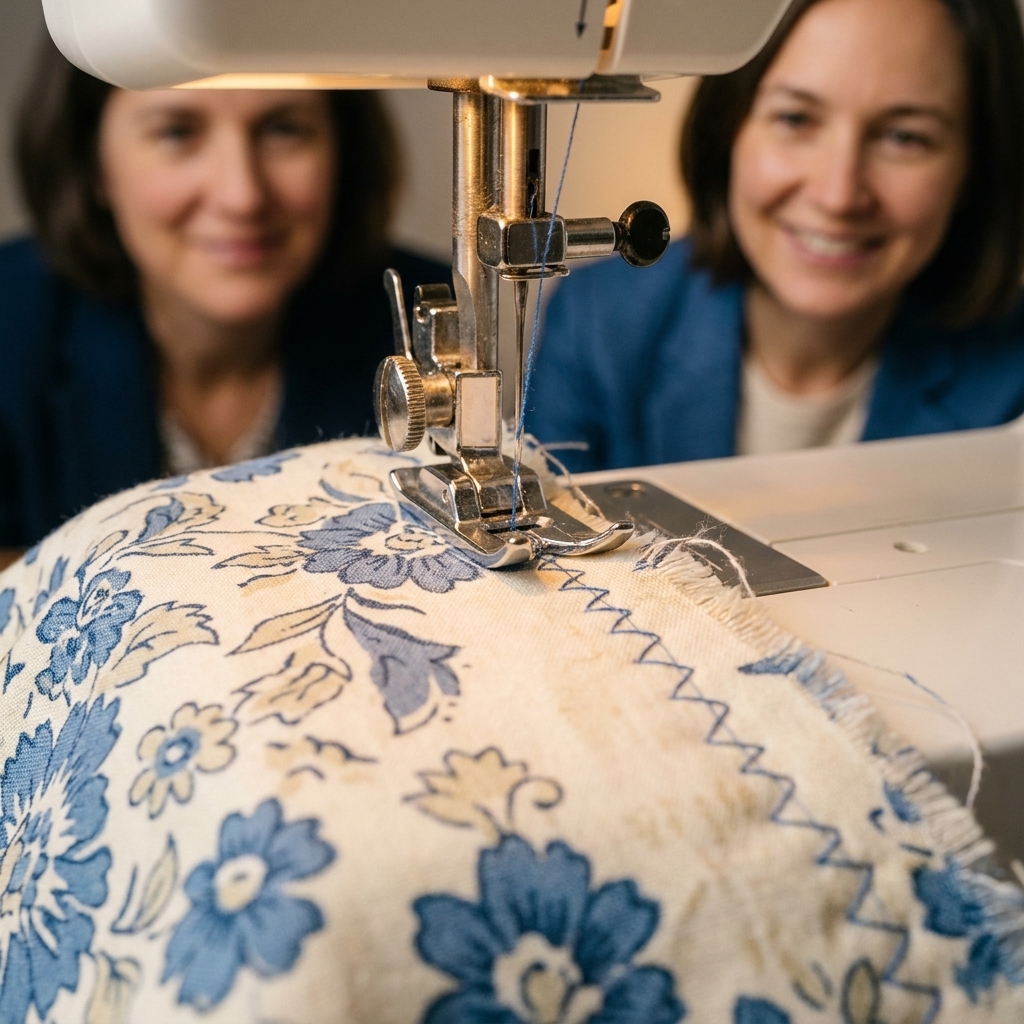 Close-up photograph of quilting cotton with a wide zigzag stitch sewn along the raw cut edge under a home sewing machine presser foot