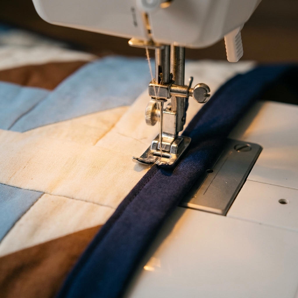 Close view of a sewing machine needle stitching in the seam beside a narrow contrasting flange on the front of a quilt
