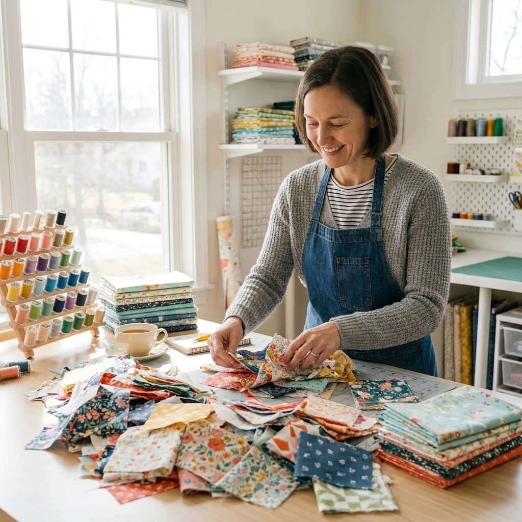 Colorful quilting cotton scraps spread across a large table, with neatly stacked fabric and thread spools nearby