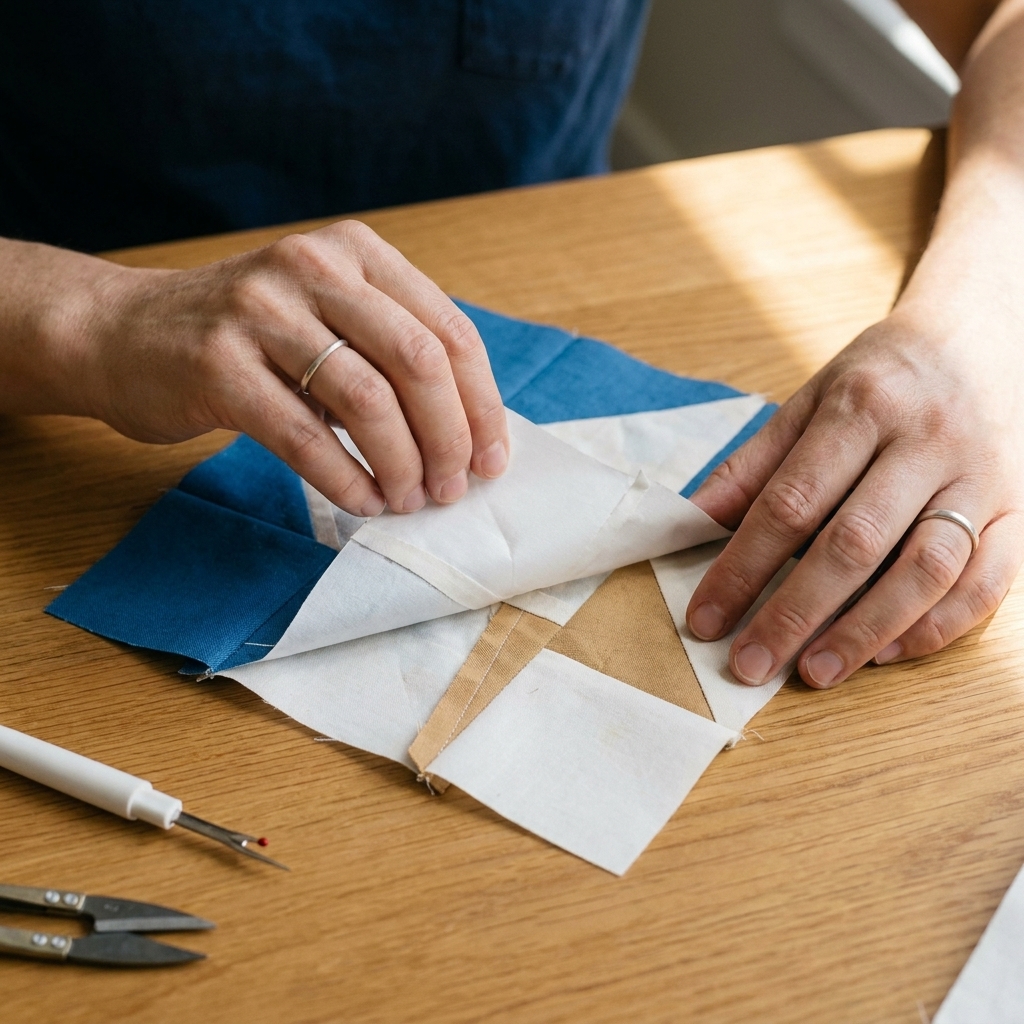 Hands gently tearing paper away from the back of a completed foundation paper pieced quilt block, revealing tidy seam allowances