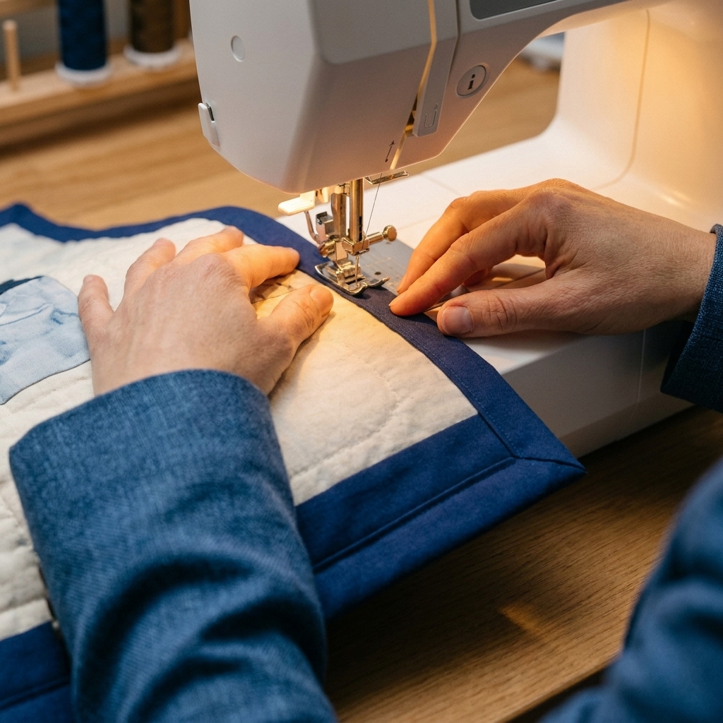 Hands guiding a quilt edge under a sewing machine presser foot while attaching double-fold binding in a solid fabric