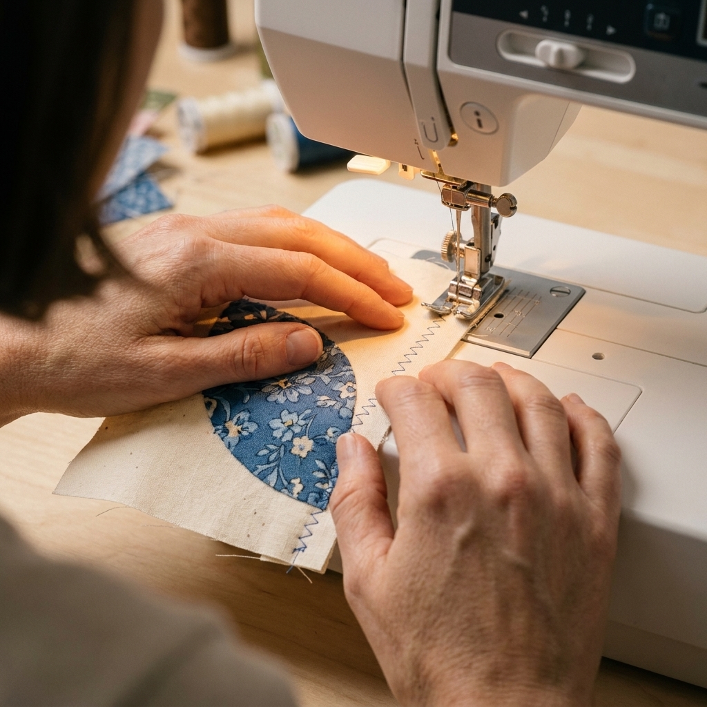 Hands guiding a small quilt block under a sewing machine presser foot while stitching around a curved raw edge appliqué shape