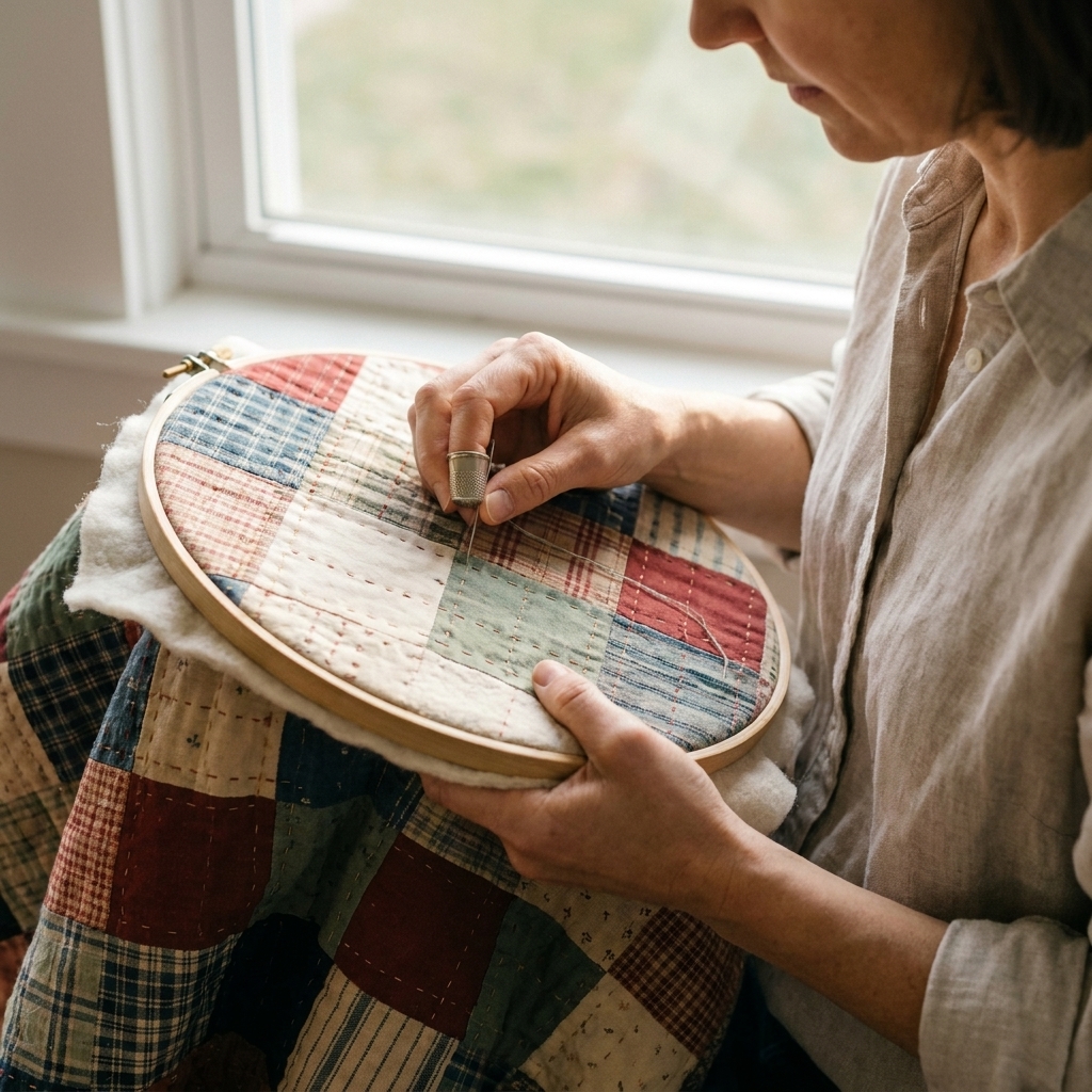 Hands hand-quilting a patchwork quilt sandwich with cotton batting on a wooden hoop, with visible small running stitches in natural light