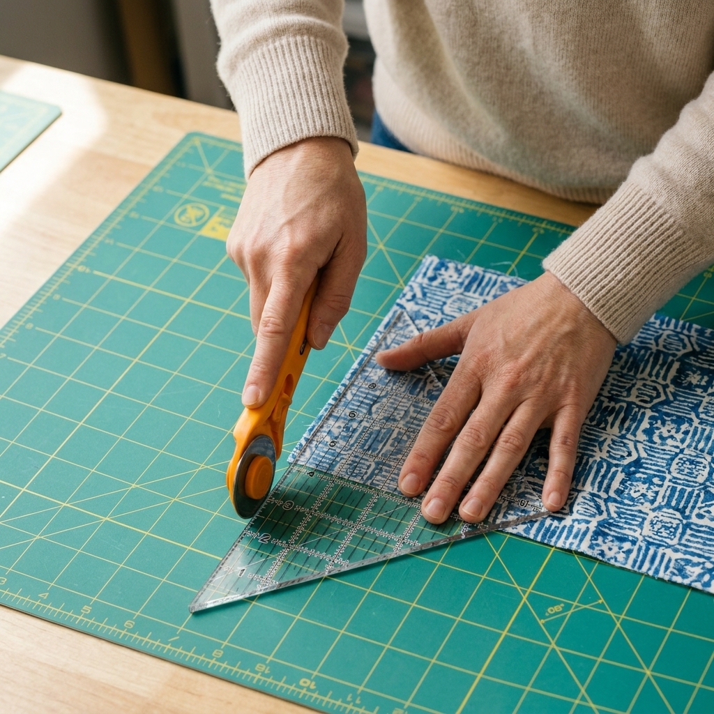 Hands holding a clear wedge template steady while cutting a fabric wedge with a rotary cutter on a gridded cutting mat