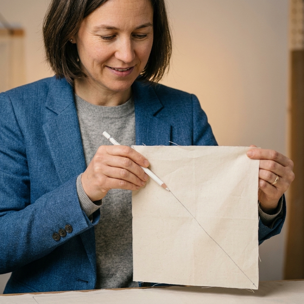Hands holding a fabric square while a diagonal line is drawn corner to corner with a marking tool