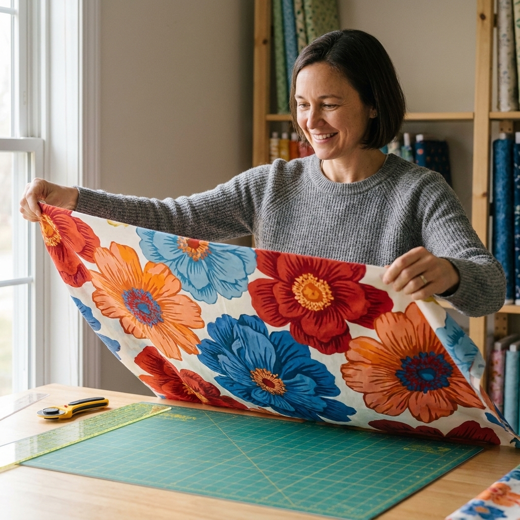 Hands holding a large-scale floral quilting cotton fabric above a cutting table, with bold flower motifs visible across the width of the fabric