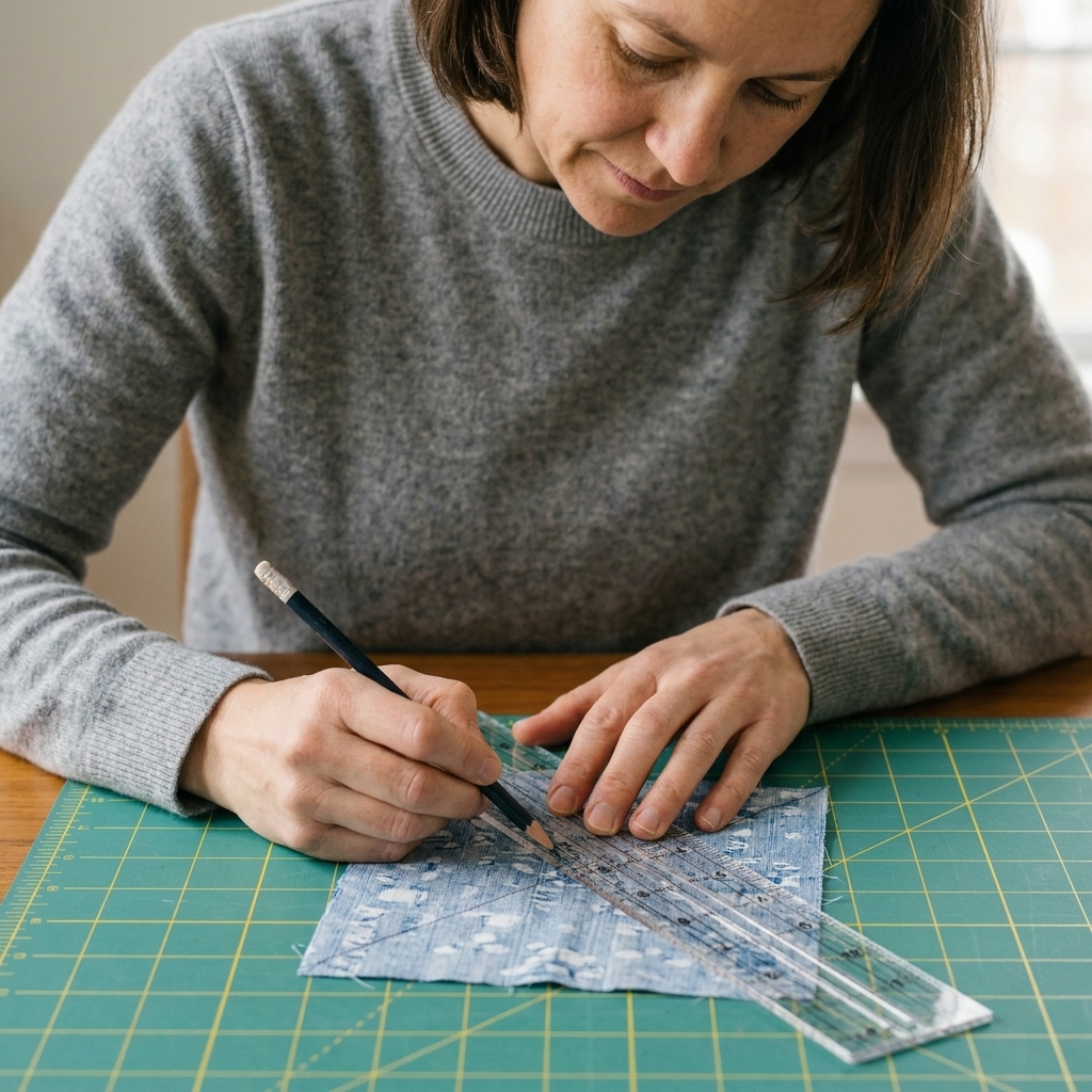 Hands marking a diagonal line on the back of a small fabric square with a pencil and ruler on a cutting mat